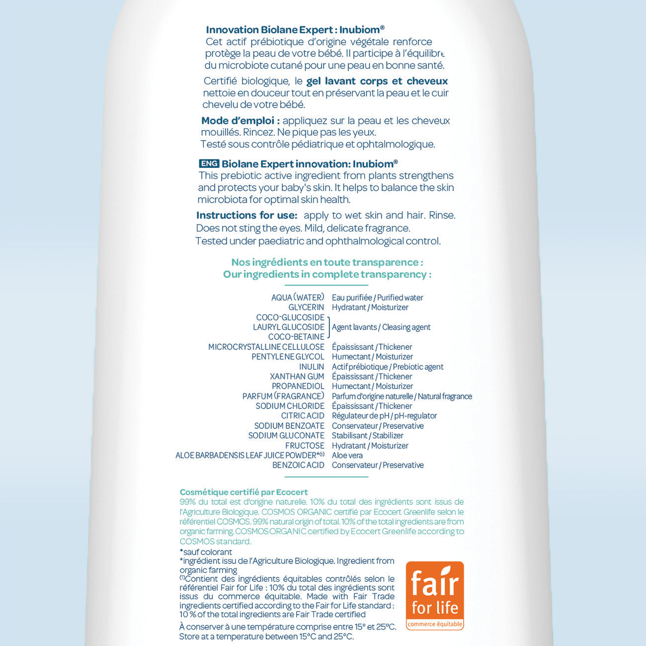 Gel de baño 2 en 1 cuerpo y cabello certificado biológico Biolane Expert