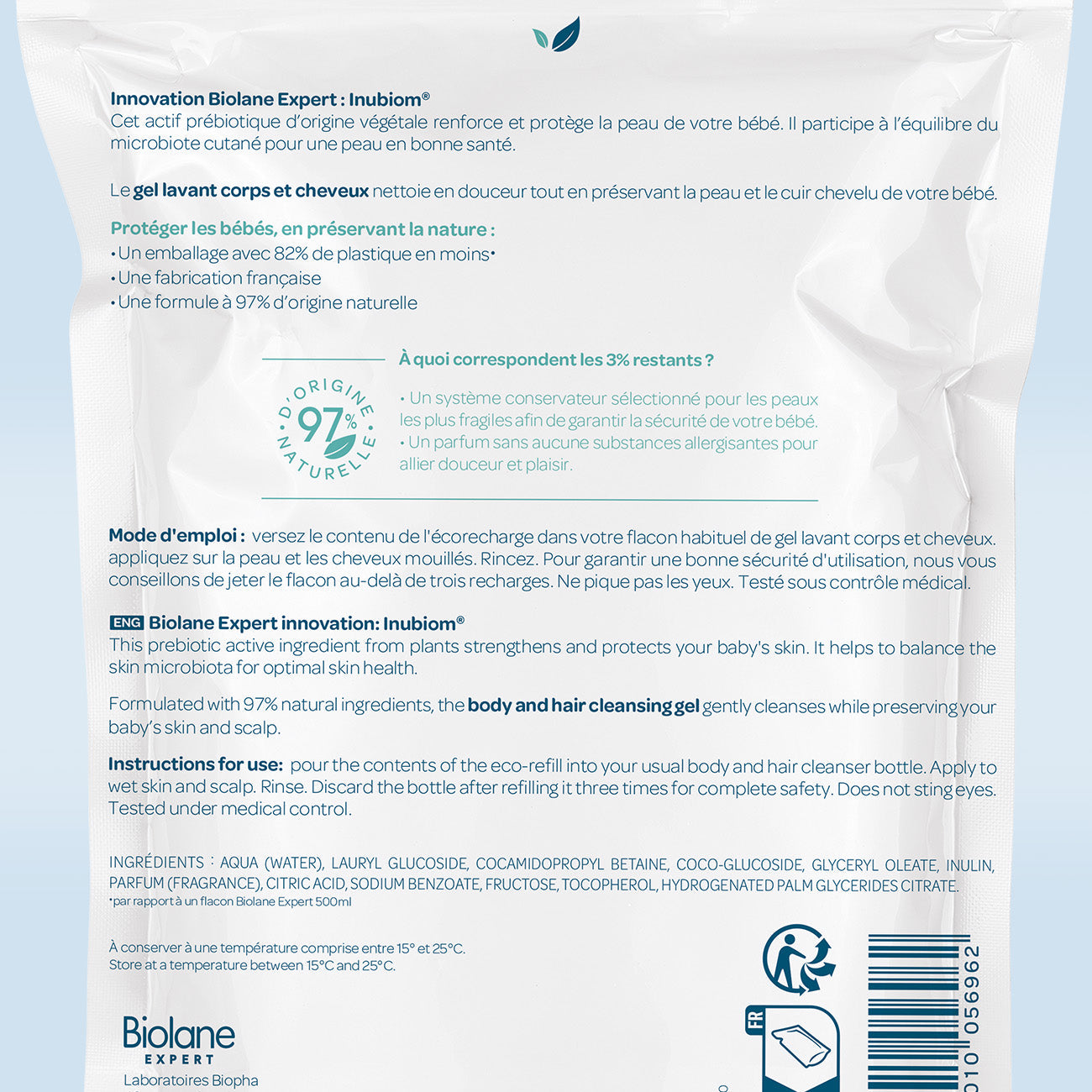 Recambio gel limpiador cuerpo y cabello Biolane Expert