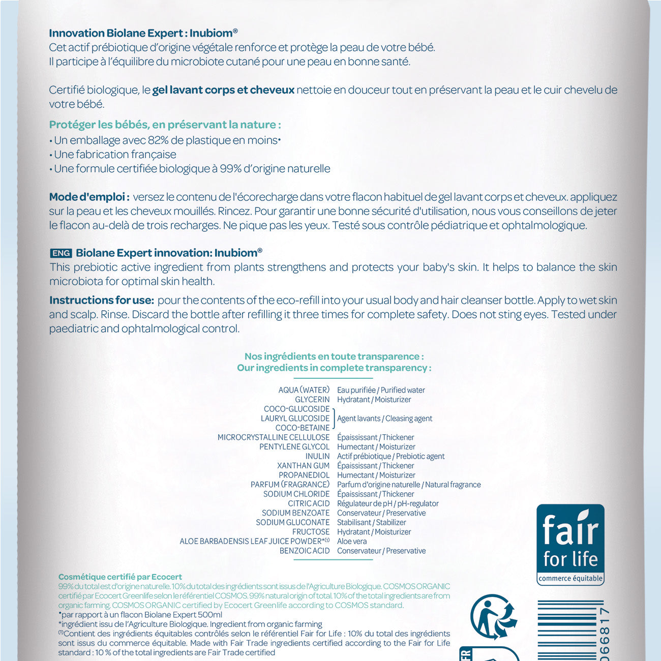 Recambio gel limpiador certificado biológico Biolane Expert