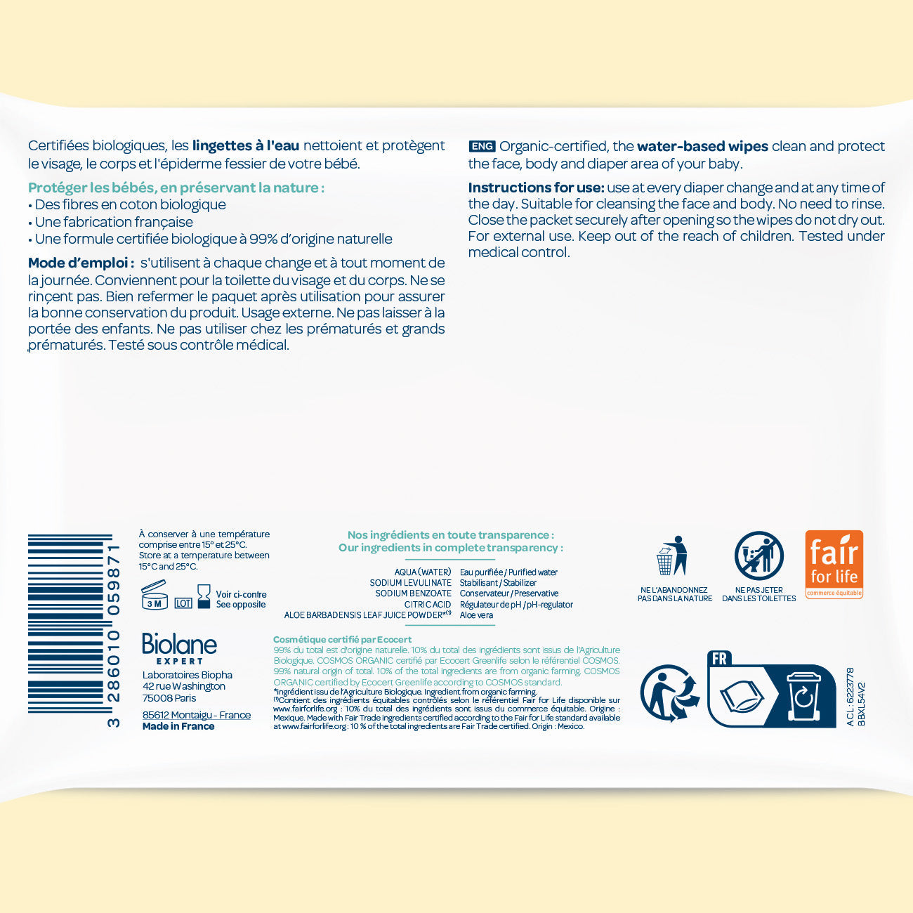 Toallitas de agua certificadas biológicas Biolane Expert